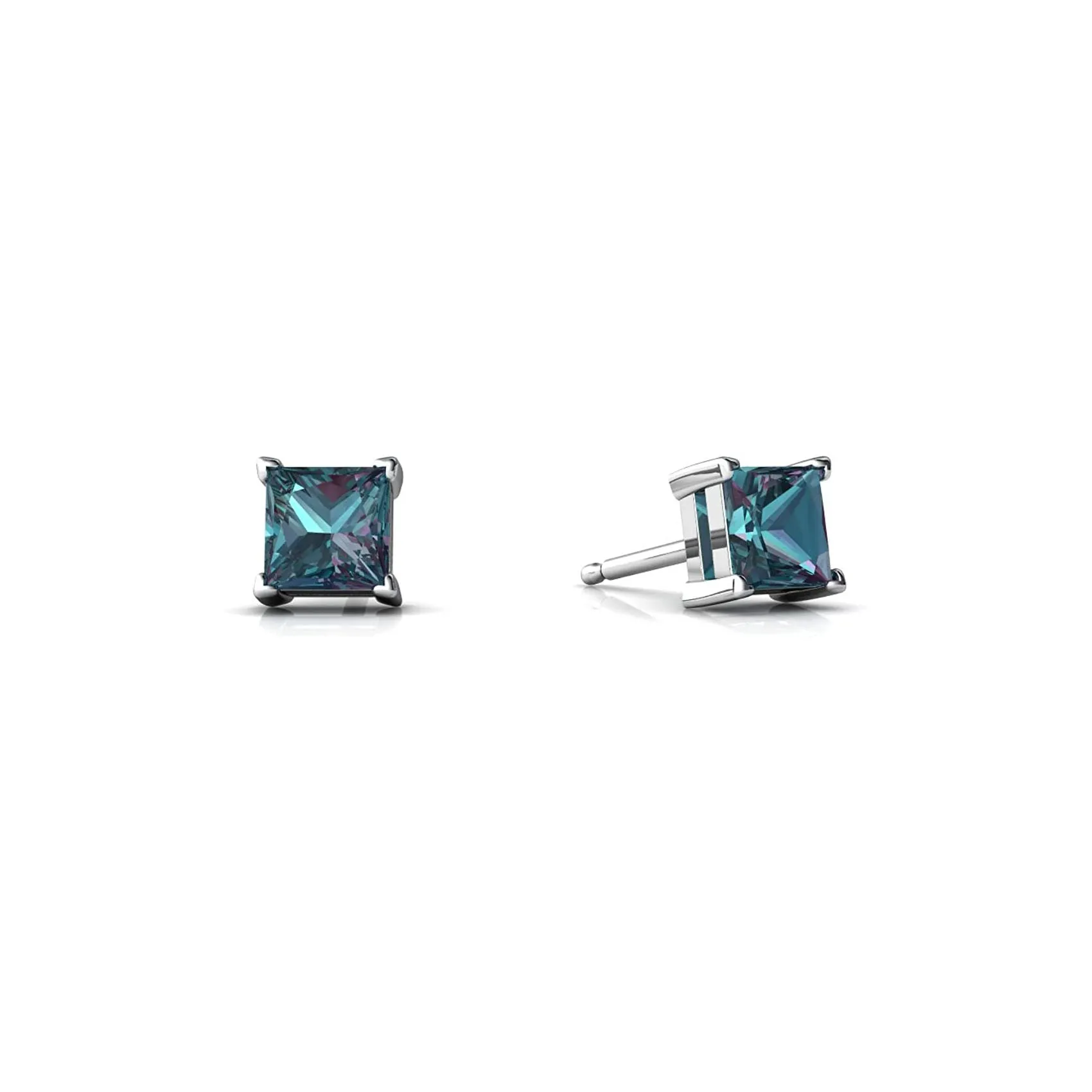 10k White Gold Plated 1 Ct Square Princess Cut Created Alexandrite Sapphire Stud Earrings