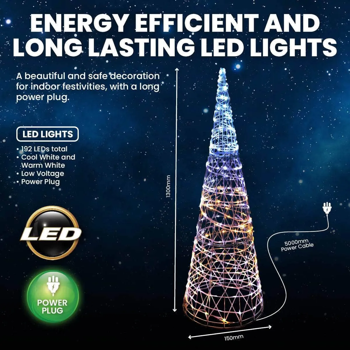 1.3m 3D LED Decorative Metal Cone Christmas Tree 192 Lights