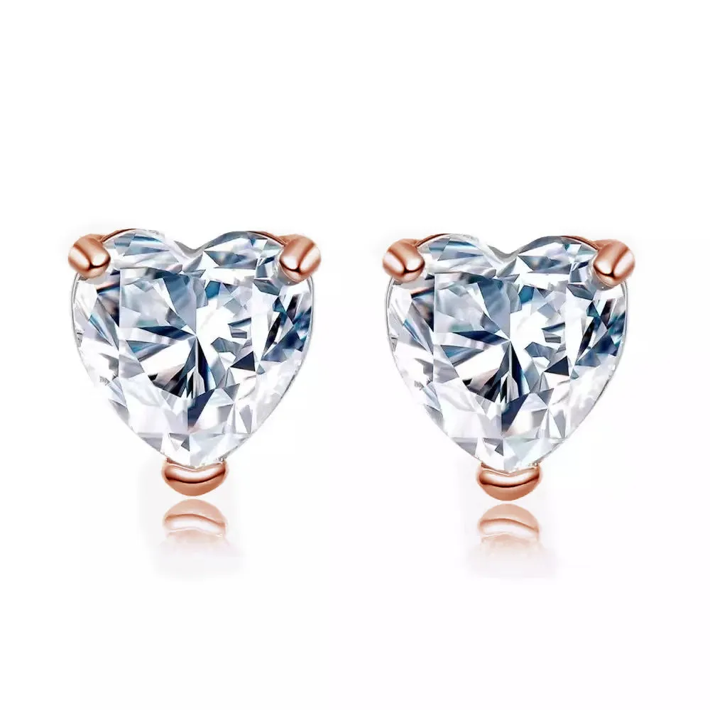 14k Rose Gold Plated 4 Carat Heart Created White Sapphire Stud Earrings