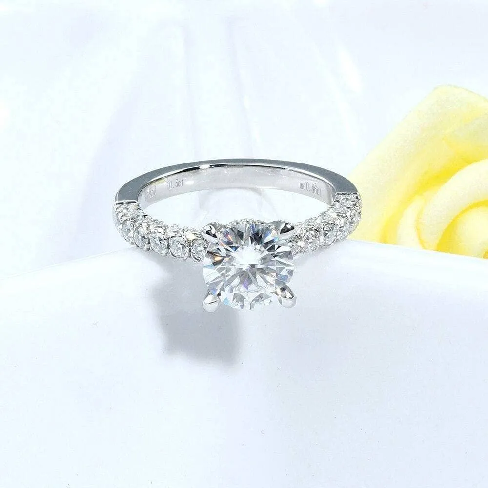 14k White Gold 1.5ct 7.5mm Diamond Side Stone Engagement Ring