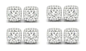 14k White Gold 2Ct Cushion Cut White Sapphire Set Of Four Halo Stud Earrings Plated