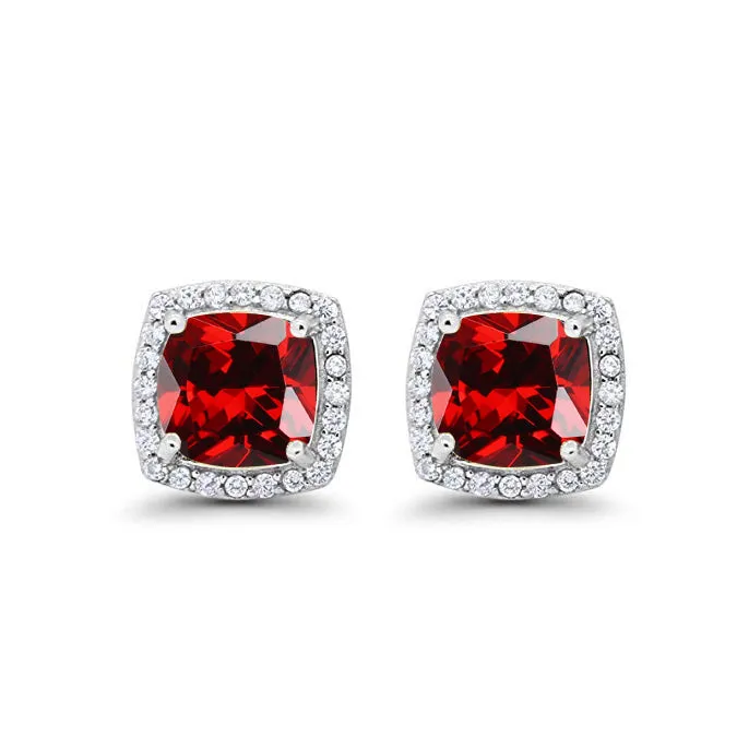 14k White Gold Plated 1 Ct Created Halo Princess Cut Garnet Stud Earrings