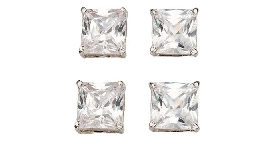 14k White Gold Plated 4mm 1/2Ct Square Cut White Sapphire Set Of Two Stud Earrings