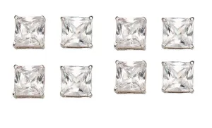14k White Gold Plated 6mm 2Ct Square Cut White Sapphire Set Of Four Stud Earrings
