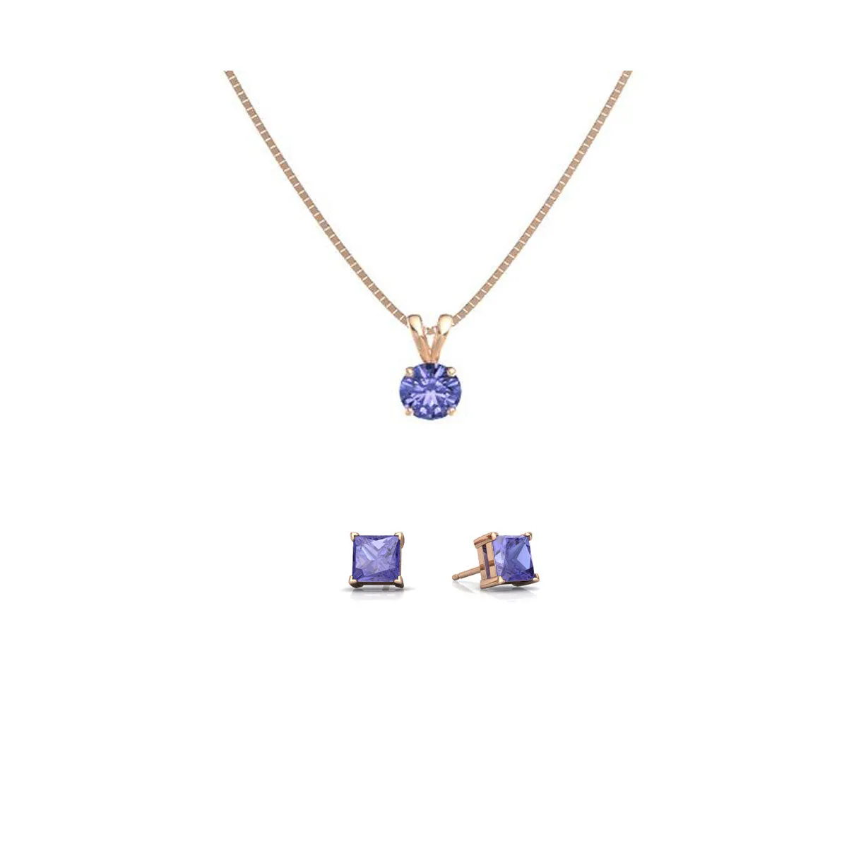 18K Rose Gold 3ct Tanzanite Round 18 Inch Necklace and Square Earrings Set Plated