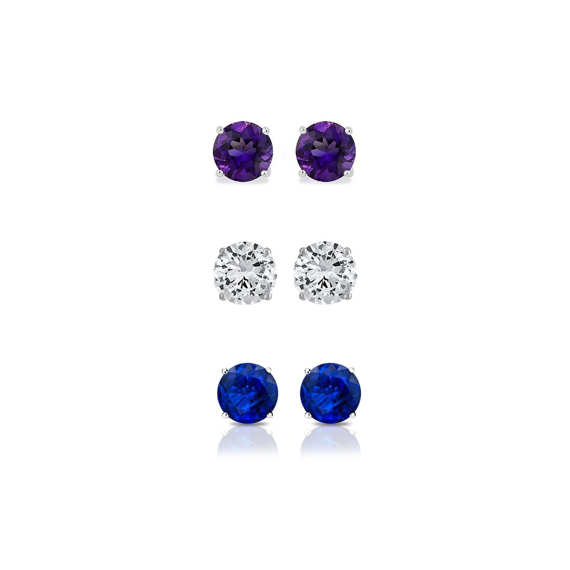 18k White Gold Plated 1/2Ct Created Amethyst, White Sapphire and Blue Sapphire 3 Pair Round Stud Earrings