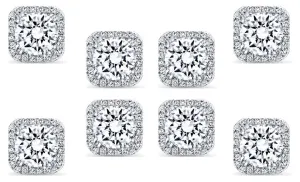 18k White Gold Plated 1/2Ct Square Cut White Sapphire Set of Four Halo Stud Earrings