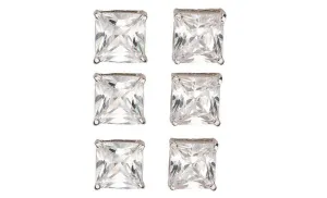 18k White Gold Plated 1Ct Square Cut White Sapphire Set Of Three Stud Earrings