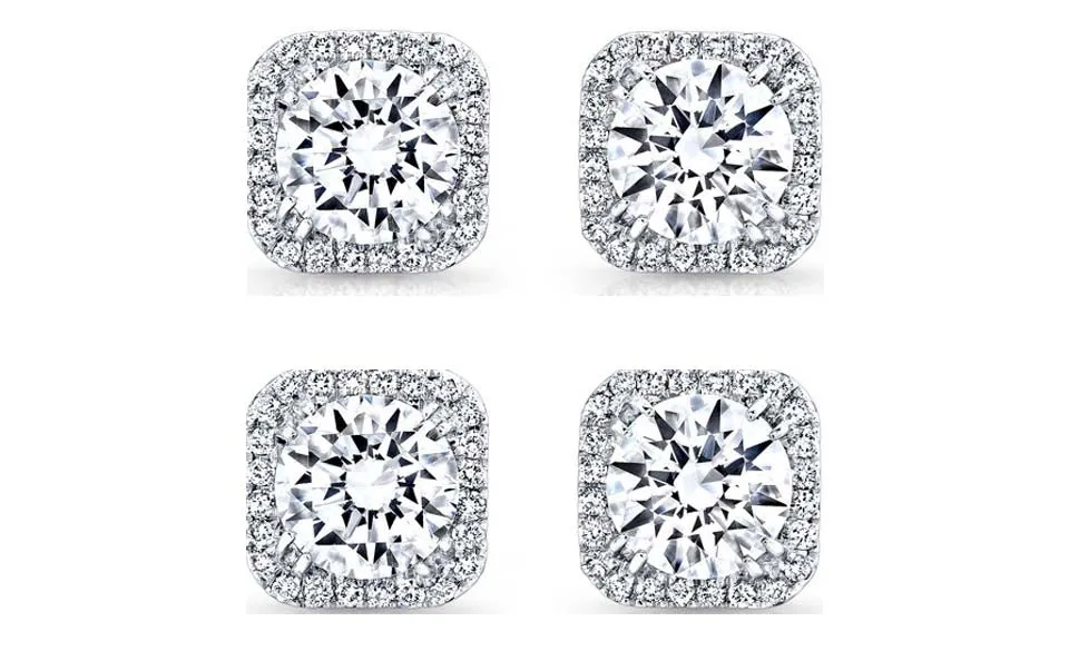 18k White Gold Plated 1Ct Square Cut White Sapphire Set of Two Halo Stud Earrings
