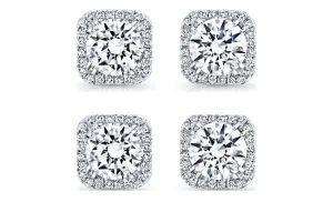 18k White Gold Plated 1Ct Square Cut White Sapphire Set of Two Halo Stud Earrings