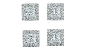 18k White Gold Plated 4mm 2Ct Princess Cut White Sapphire Set of Two Halo Stud Earrings