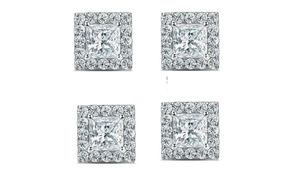 18k White Gold Plated 4mm 2Ct Princess Cut White Sapphire Set of Two Halo Stud Earrings