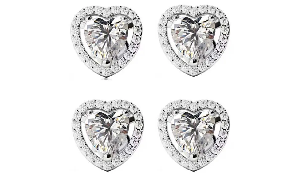 18k White Gold Plated 4mm 4Ct Heart White Sapphire Set of Two Halo Stud Earrings