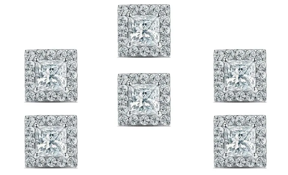 18k White Gold Plated 6mm 1Ct Princess Cut White Sapphire Set of Three Halo Stud Earrings