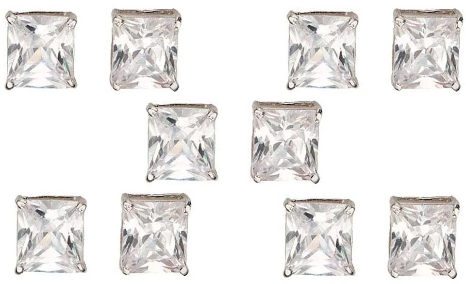 18k White Gold Plated 6mm 2Ct Square Cut White Sapphire Set Of Five Stud Earrings