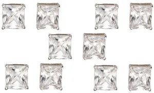 18k White Gold Plated 6mm 2Ct Square Cut White Sapphire Set Of Five Stud Earrings