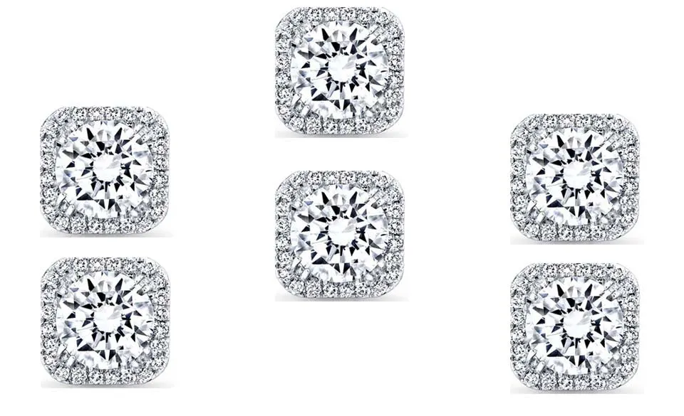 18k White Gold Plated 6mm 2Ct Square Cut White Sapphire Set of Three Halo Stud Earrings