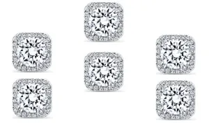 18k White Gold Plated 6mm 2Ct Square Cut White Sapphire Set of Three Halo Stud Earrings