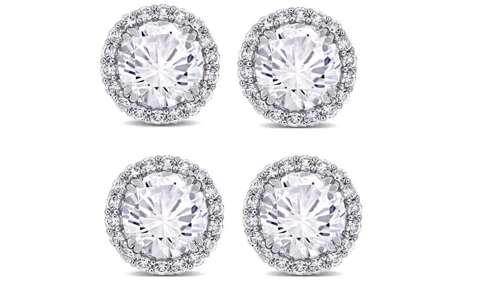 18k White Gold Plated 6mm 4Ct Round White Sapphire Set of Two Halo Stud Earrings