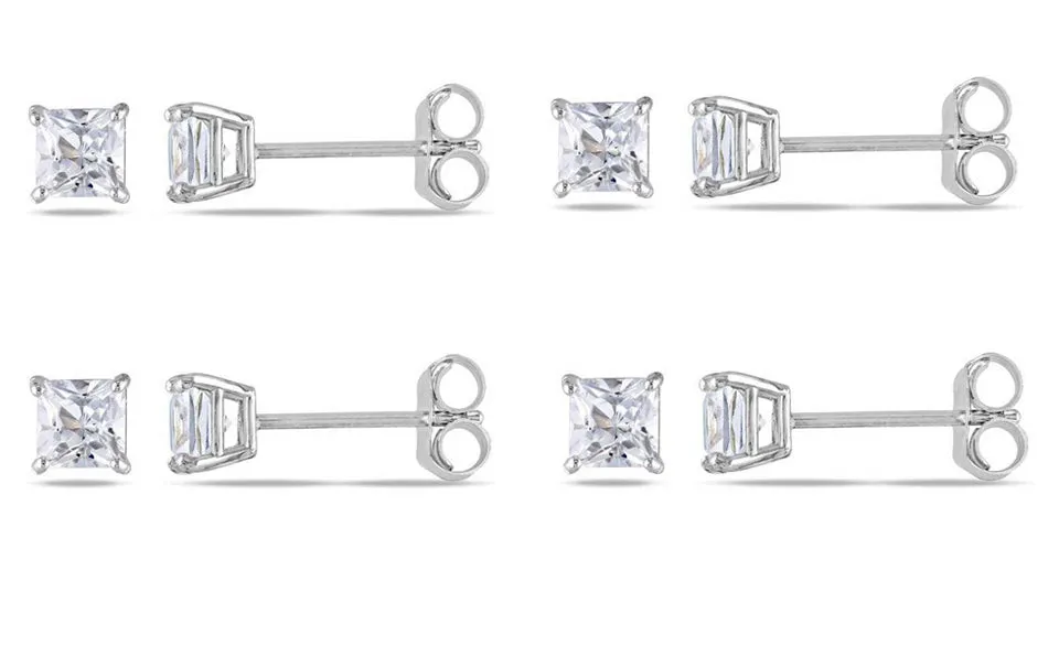18k White Gold Plated Created White Sapphire 2Ct Square Cut Set of Four Stud Earrings