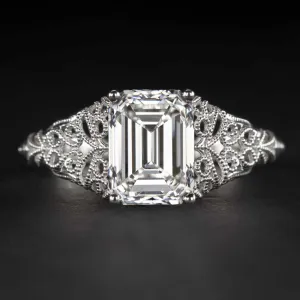 1.91ct GIA CERTIFIED H VVS1 EMERALD CUT DIAMOND ENGAGEMENT RING VINTAGE STYLE