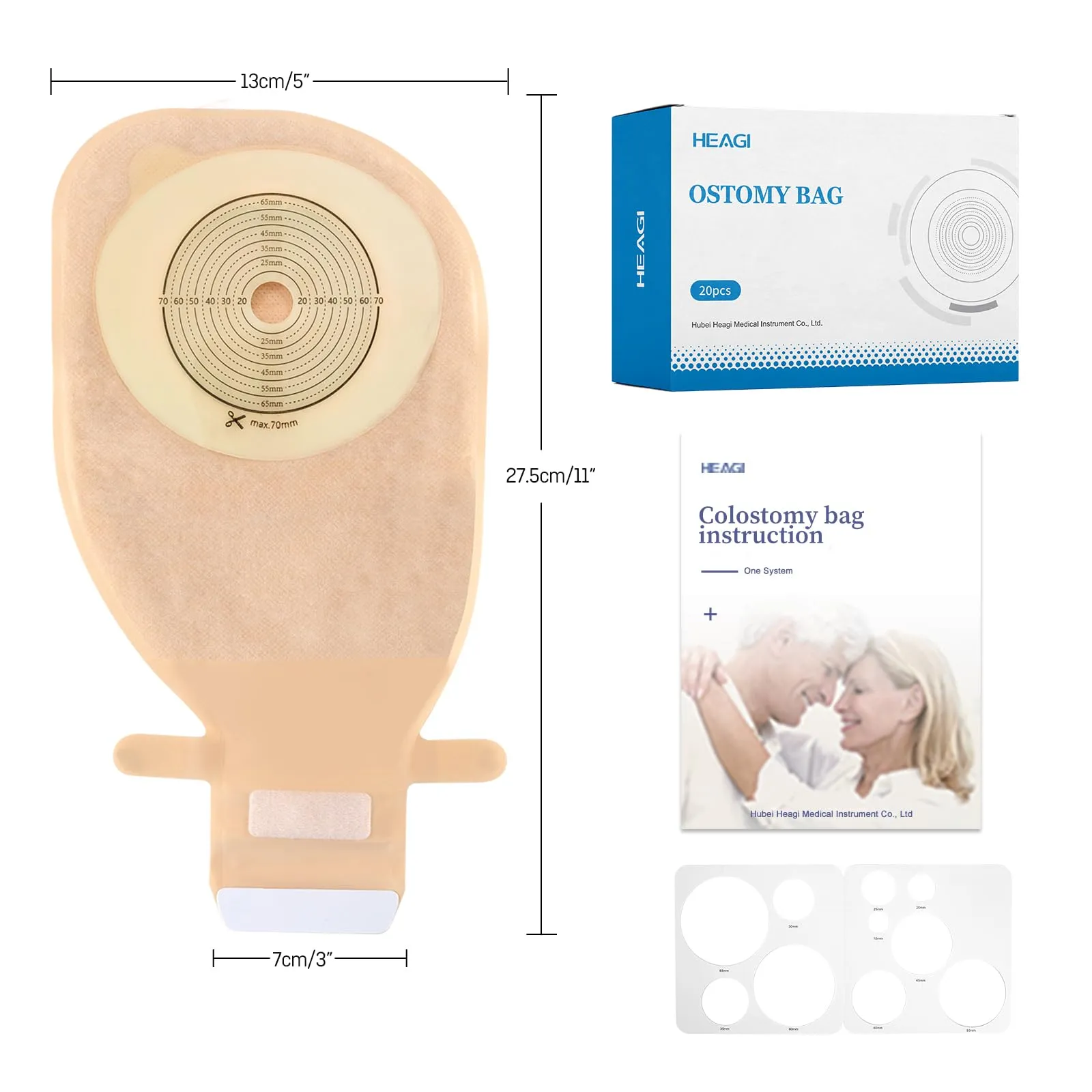 20 Pack Colostomy Bags, One Piece Ostomy Bag Ostomy Supplies, 15mm-70mm Cut-to-Fit Drainable Pouches with Stick-on Closure for Ileostomy Stoma Care