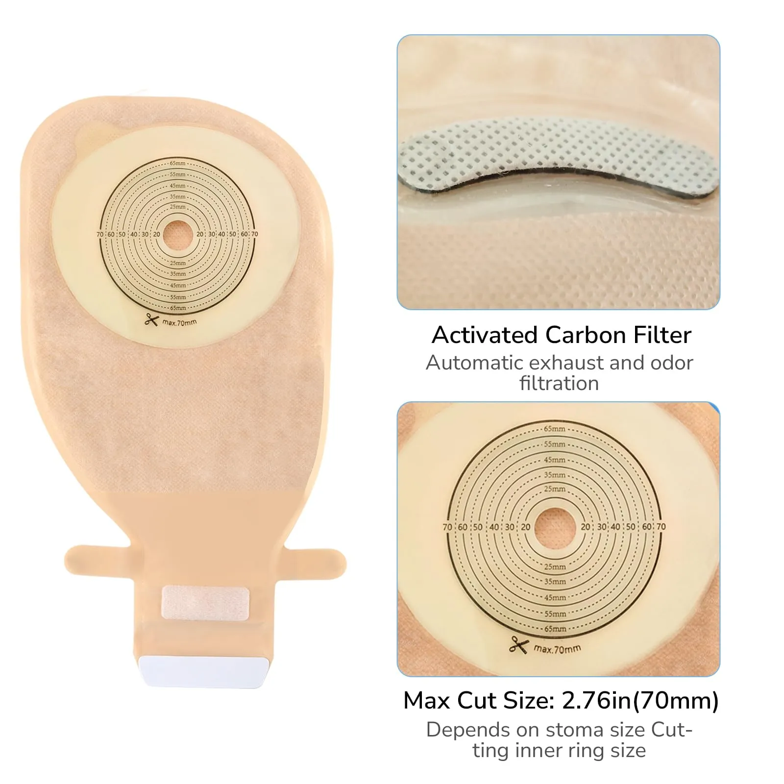 20 Pack Colostomy Bags, One Piece Ostomy Bag Ostomy Supplies, 15mm-70mm Cut-to-Fit Drainable Pouches with Stick-on Closure for Ileostomy Stoma Care