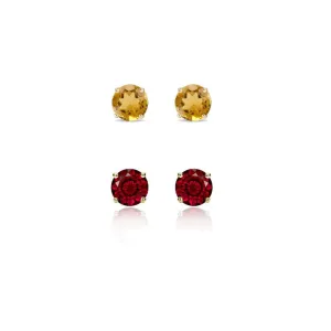 24k Yellow Gold Plated 1/2Ct Created Citrine and Garnet 2 Pair Round Stud Earrings
