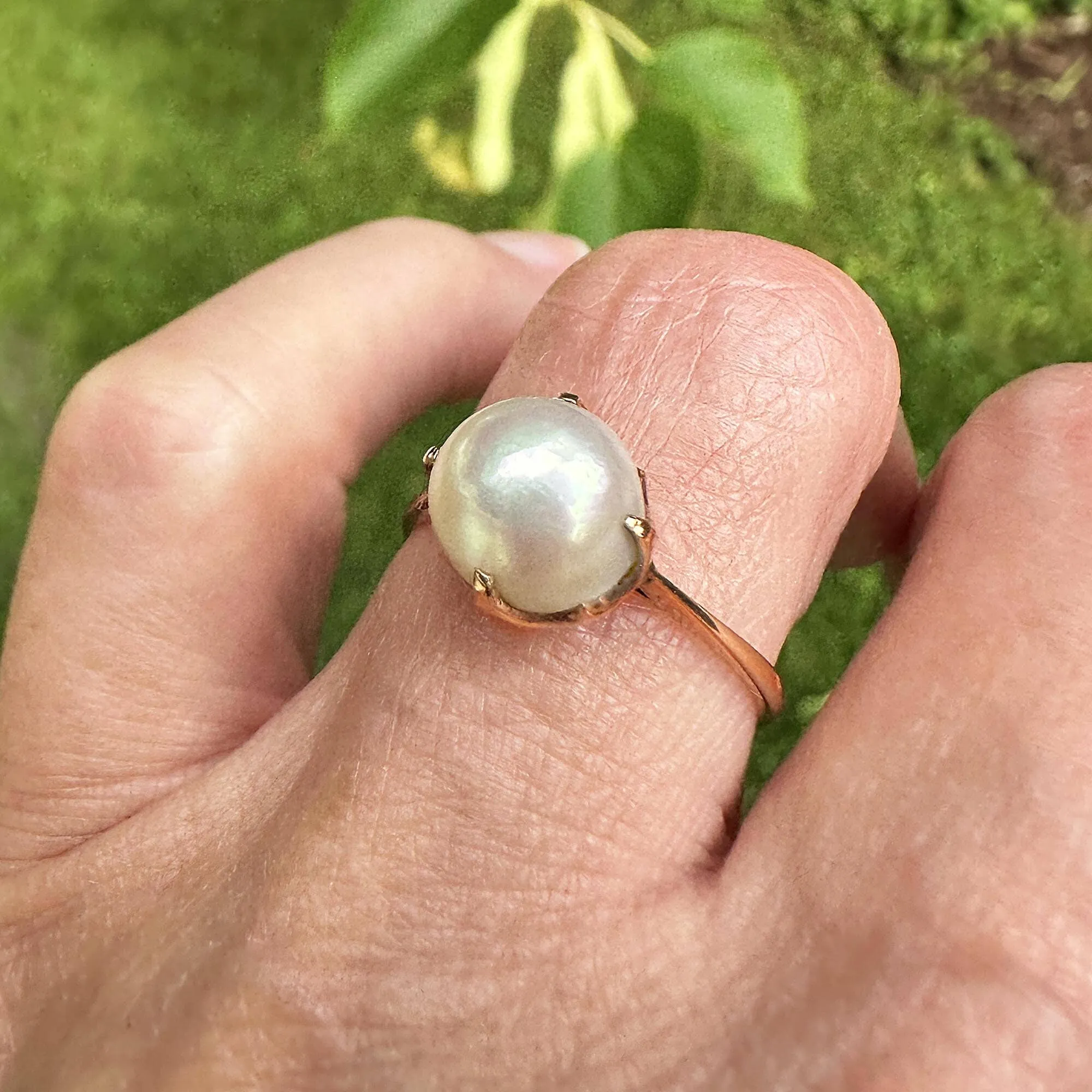 Antique 14K Gold Claw Set Akoya Pearl Solitaire Ring