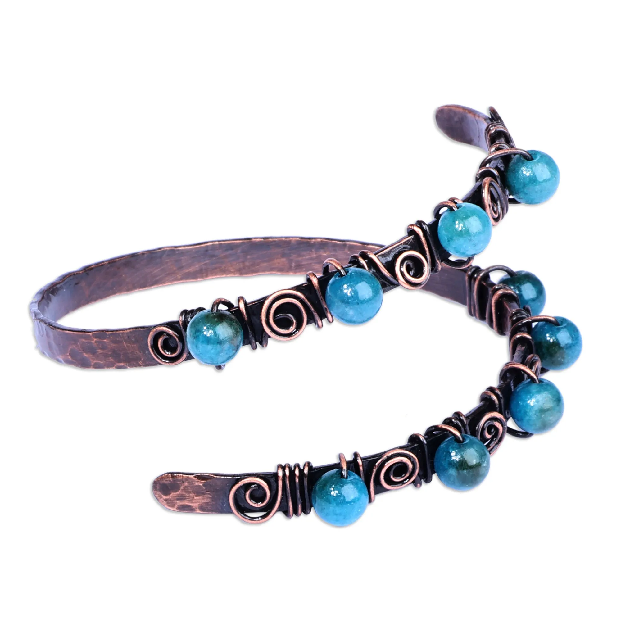 Antique Armenian Copper Wrap Bracelet with Teal Agate Beads - Infinite Teal | NOVICA