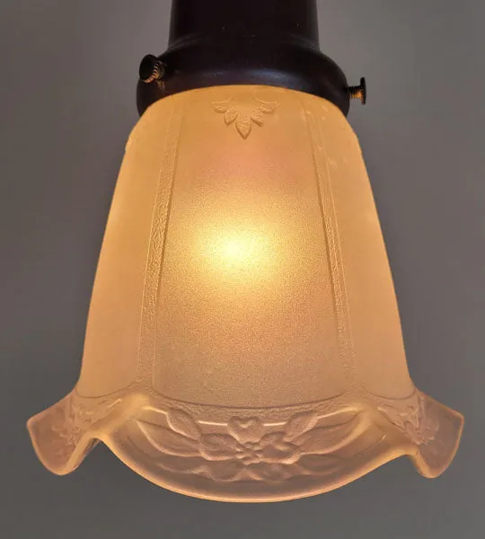 Antique Circa 1920 Two Light, Edwardian Flush Mount Pan Fixture with Cast Ovid Scroll Arms and Antique Nuart Shades