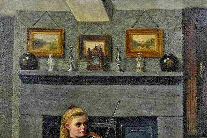 Antique Painting, Oil, Canvas,The Violin Lesson, signed, "T. Holroyd", 18-1900's