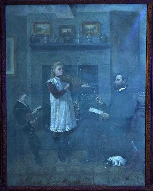 Antique Painting, Oil, Canvas,The Violin Lesson, signed, "T. Holroyd", 18-1900's