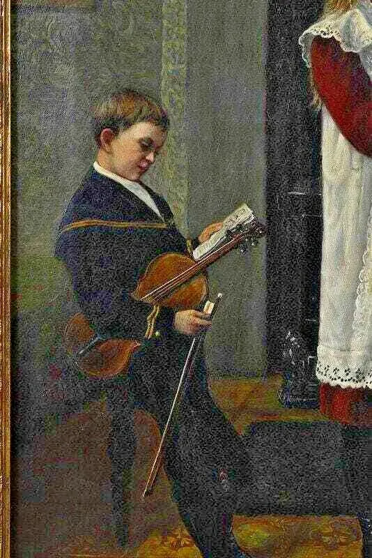 Antique Painting, Oil, Canvas,The Violin Lesson, signed, "T. Holroyd", 18-1900's
