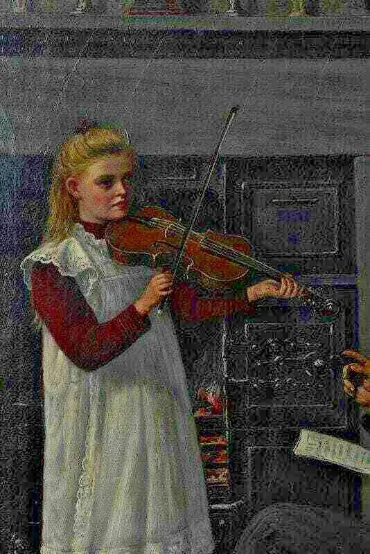 Antique Painting, Oil, Canvas,The Violin Lesson, signed, "T. Holroyd", 18-1900's