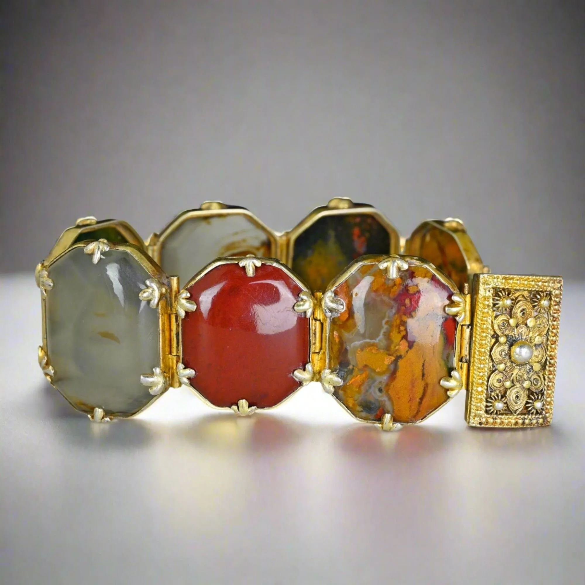 Antique Wide Victorian Scottish Agate Panel Bracelet