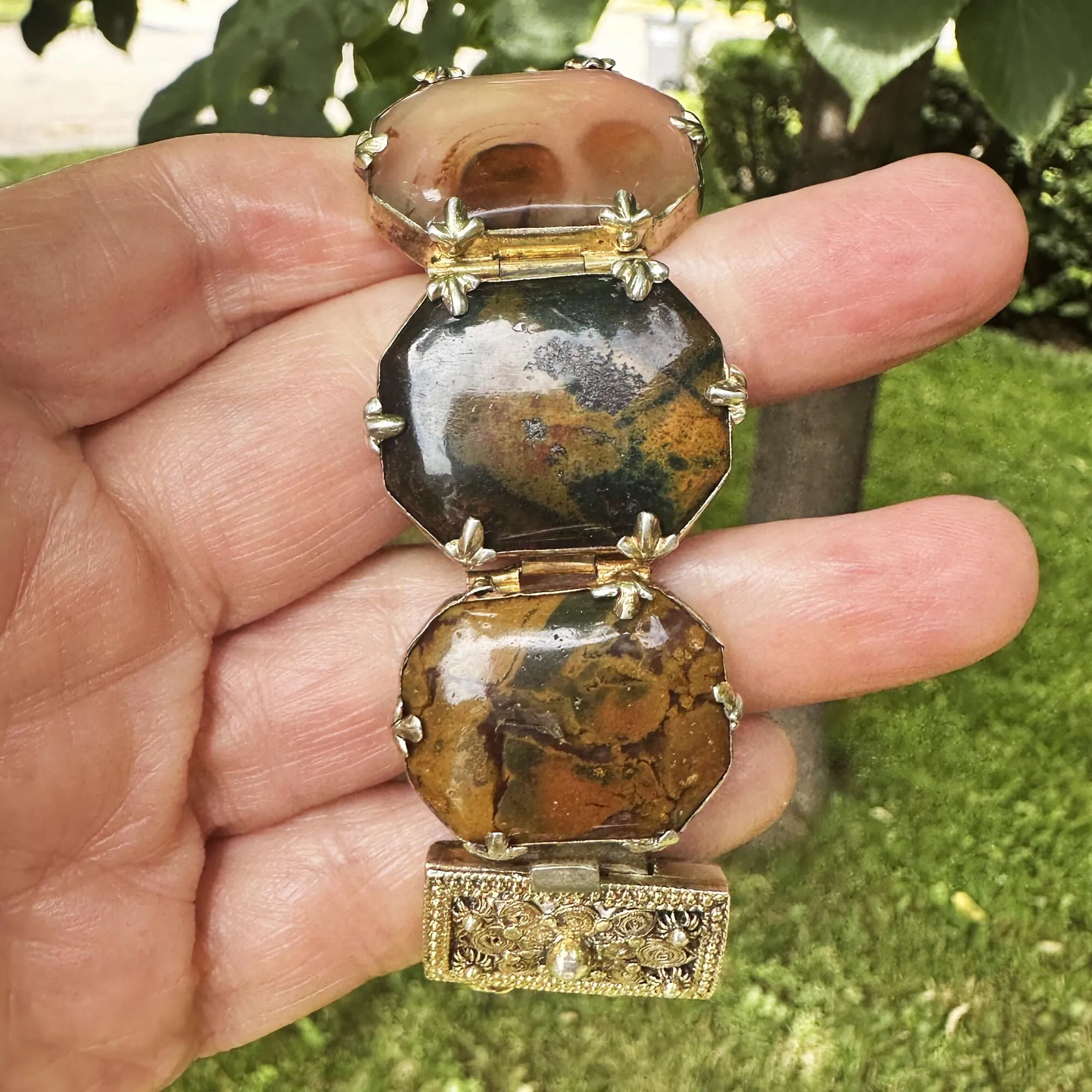 Antique Wide Victorian Scottish Agate Panel Bracelet