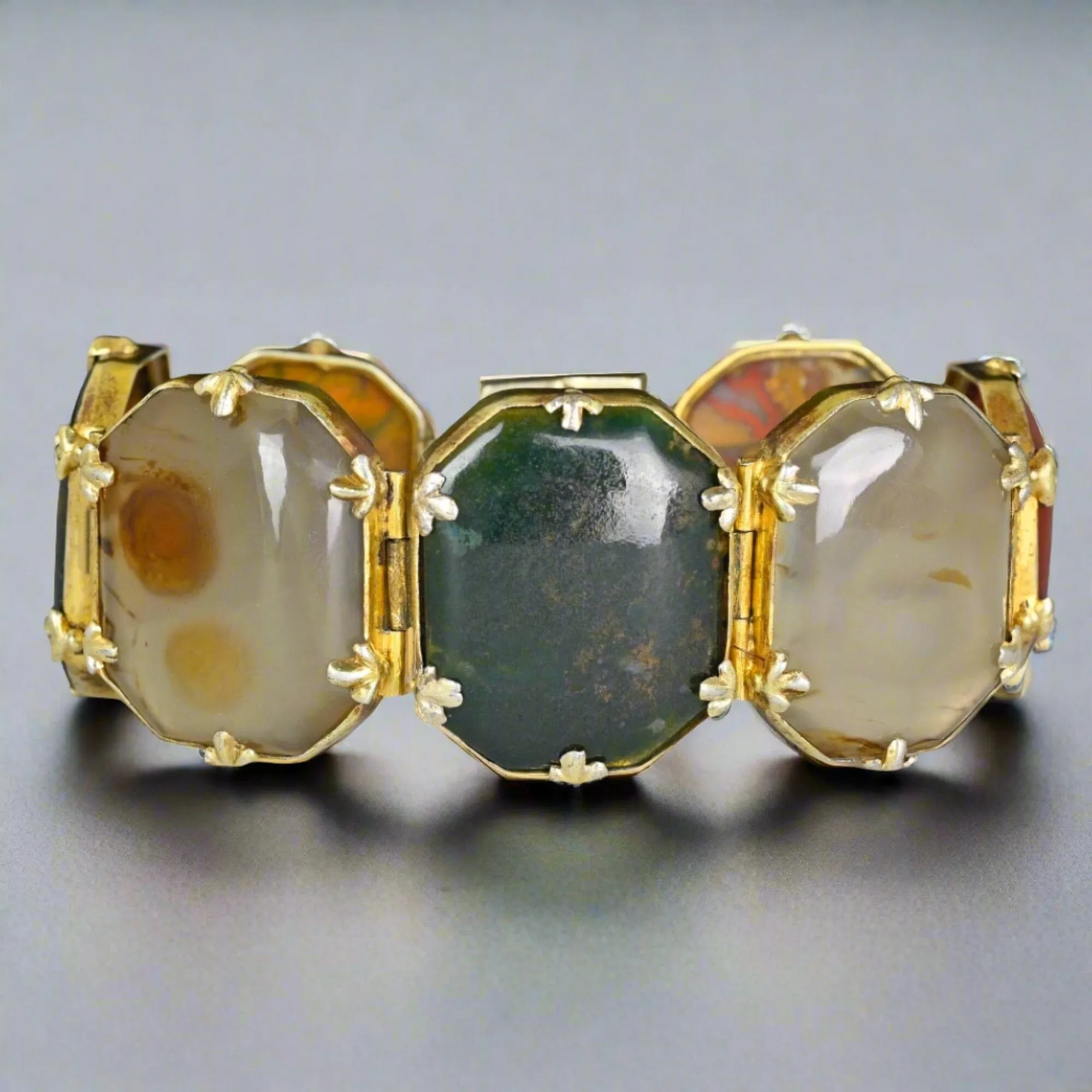 Antique Wide Victorian Scottish Agate Panel Bracelet