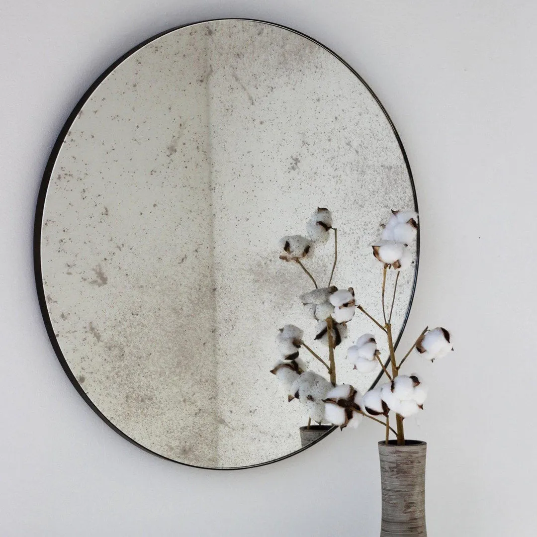 Antiqued Silver Orbis Round Mirror - Bronze Frame