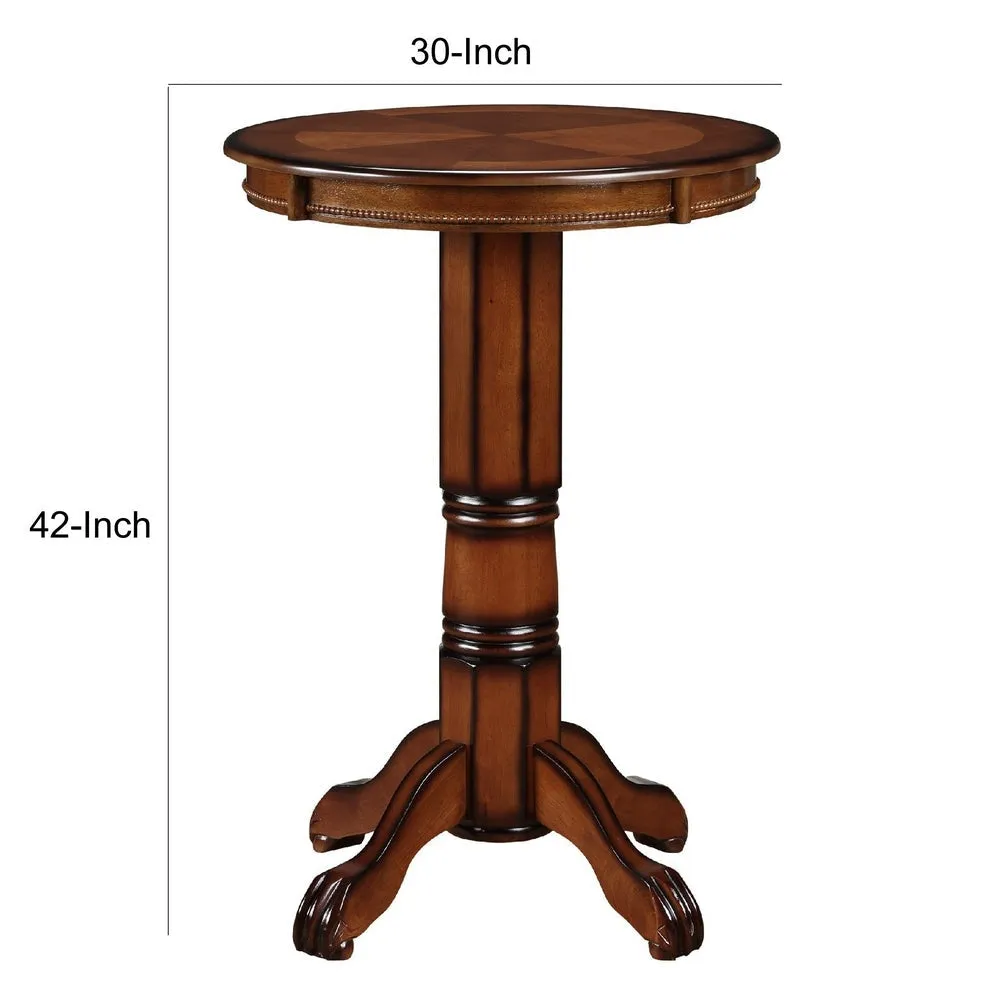 Ava 42 Inch Wood Pub Bar Table, Sunburst Design, Carved Pedestal, Brown By Casagear Home