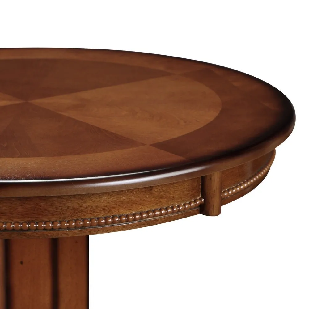 Ava 42 Inch Wood Pub Bar Table, Sunburst Design, Carved Pedestal, Brown By Casagear Home