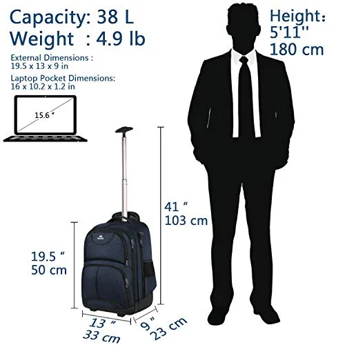 Backpack with Wheels, Travel-friendly Rolling Laptop Backpack for Men Women, MATEIN Freewheel Carry on Luggage Business bag, Compact College School Student Computer Bag fit 15.6 Inch Notebook,Blue