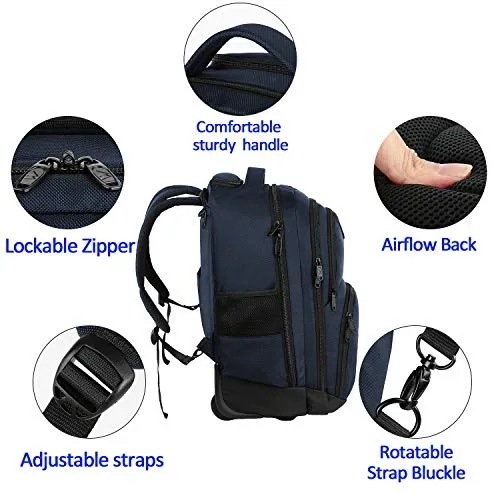 Backpack with Wheels, Travel-friendly Rolling Laptop Backpack for Men Women, MATEIN Freewheel Carry on Luggage Business bag, Compact College School Student Computer Bag fit 15.6 Inch Notebook,Blue
