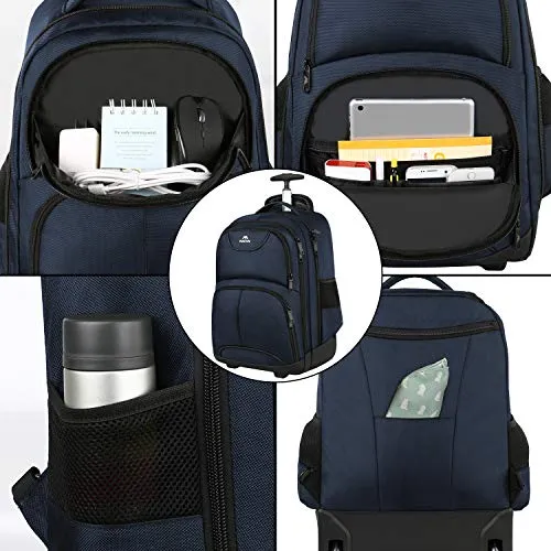 Backpack with Wheels, Travel-friendly Rolling Laptop Backpack for Men Women, MATEIN Freewheel Carry on Luggage Business bag, Compact College School Student Computer Bag fit 15.6 Inch Notebook,Blue