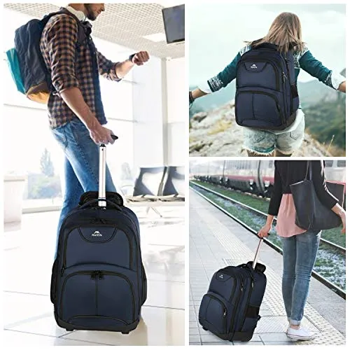 Backpack with Wheels, Travel-friendly Rolling Laptop Backpack for Men Women, MATEIN Freewheel Carry on Luggage Business bag, Compact College School Student Computer Bag fit 15.6 Inch Notebook,Blue