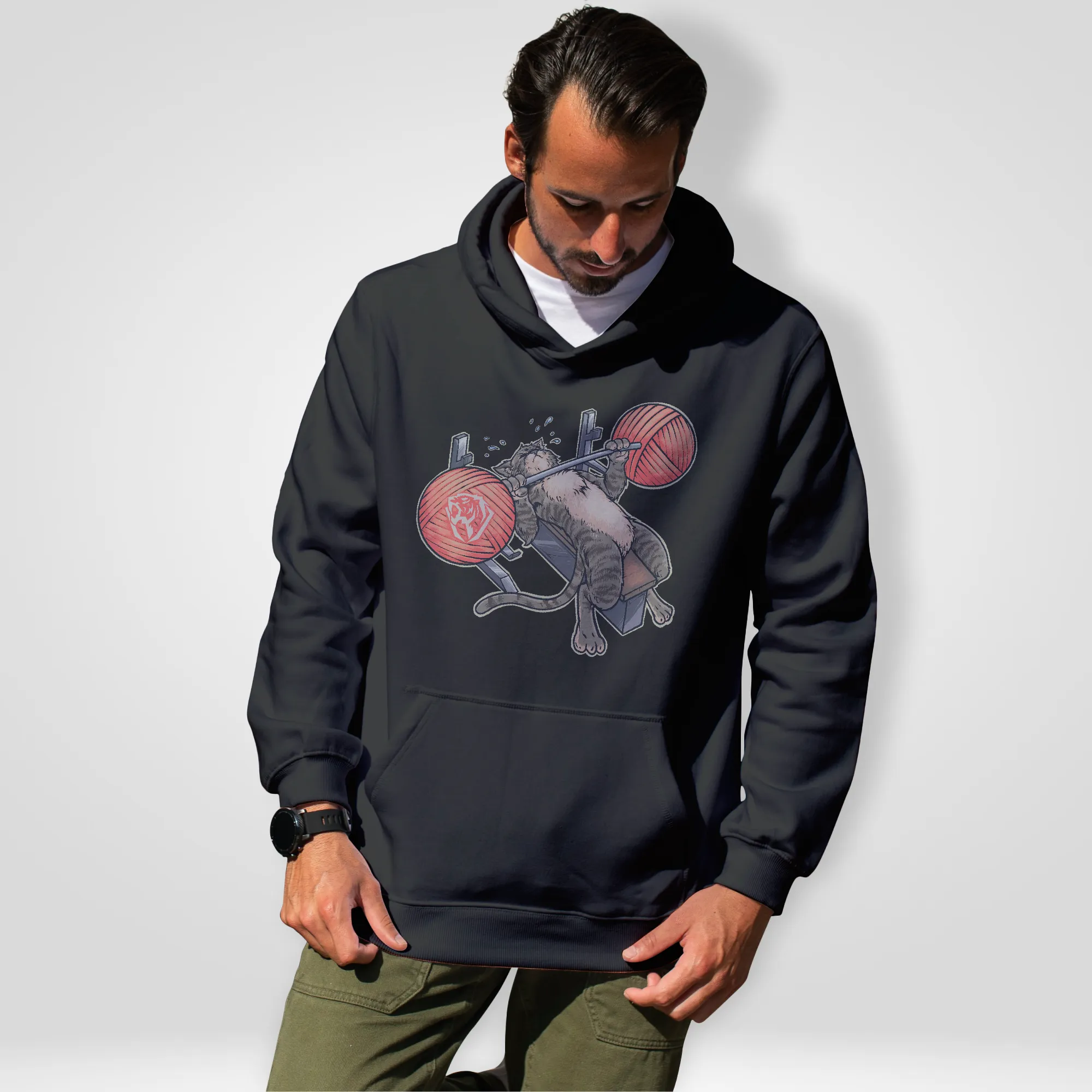 Benchpressing Brown Tabby Cat Hoodie (UK)