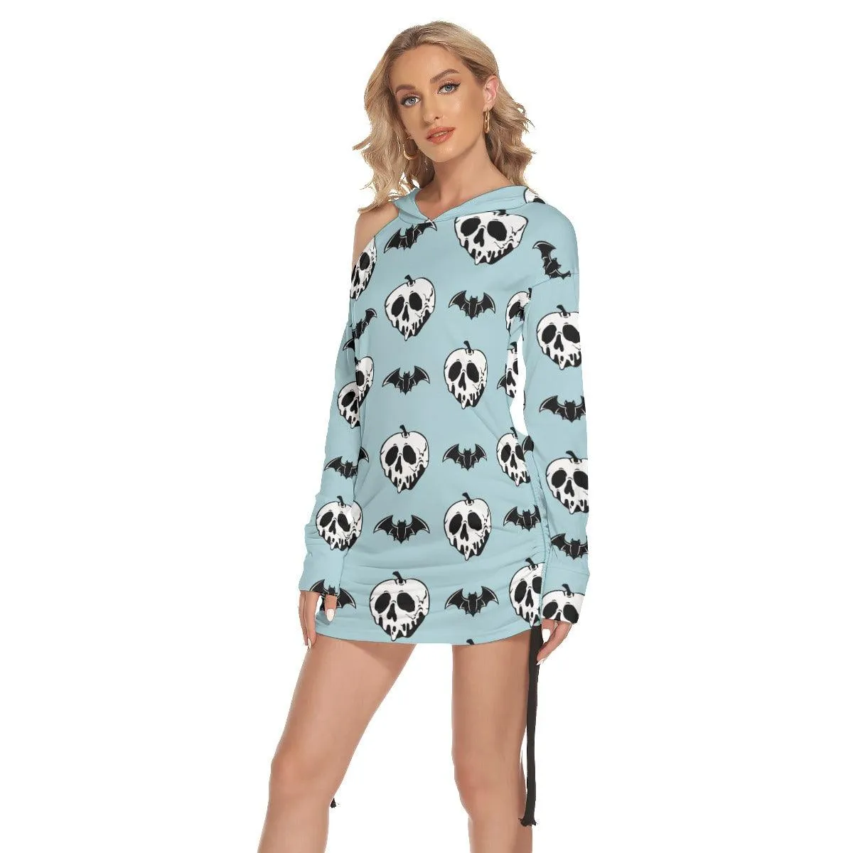 Blue Bat Skull All Over Print Women One Shoulder Dress With Waist Shirring, Long Hoodie For Women