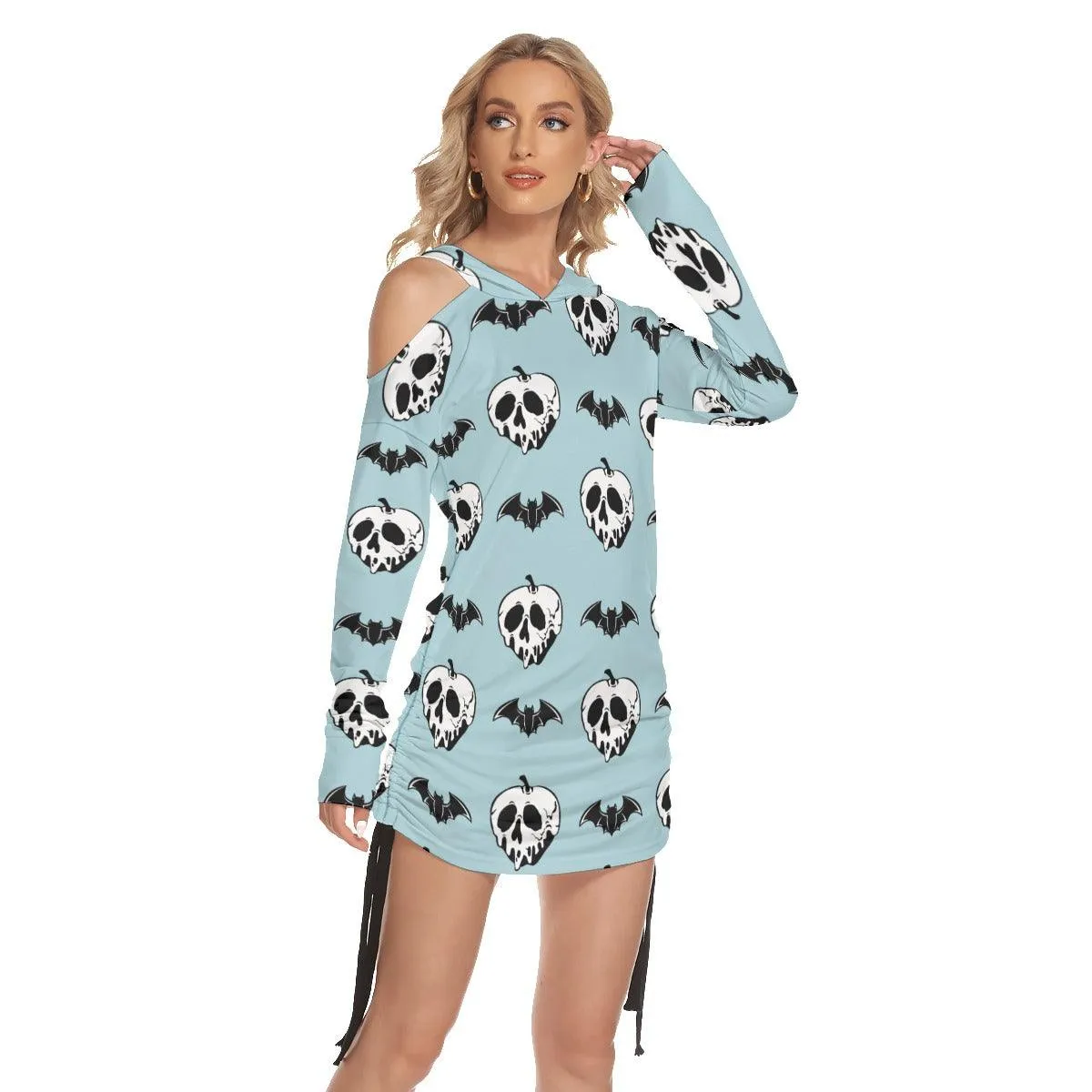 Blue Bat Skull All Over Print Women One Shoulder Dress With Waist Shirring, Long Hoodie For Women