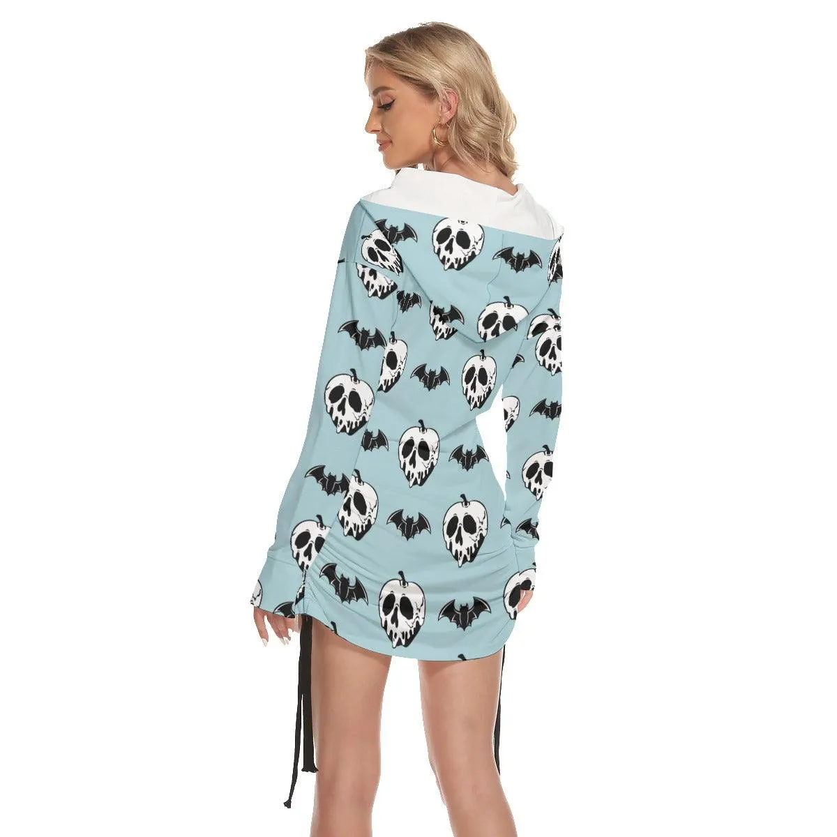 Blue Bat Skull All Over Print Women One Shoulder Dress With Waist Shirring, Long Hoodie For Women