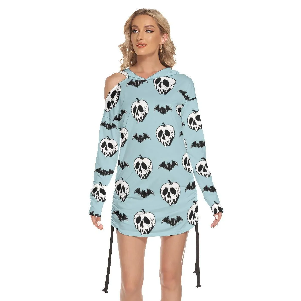 Blue Bat Skull All Over Print Women One Shoulder Dress With Waist Shirring, Long Hoodie For Women